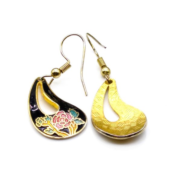 Vintage Cloisonne Dangle Earrings, Floral on Black Enamel with Flowers and Roses - Picture 3 of 4